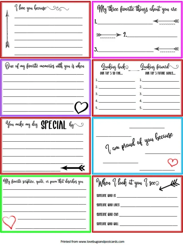 Eight lunch box notes, each with a one-color border, feature writing prompts and lines so you can write your messages to your partner. Each card features a simple illustration of an arrow or a red heart. Some writing prompts are “When I look at you, I see” and “I am proud of you because.” The small text at the bottom of the graphic reads, “Printed from www.lovebugsandpostcards.com.”