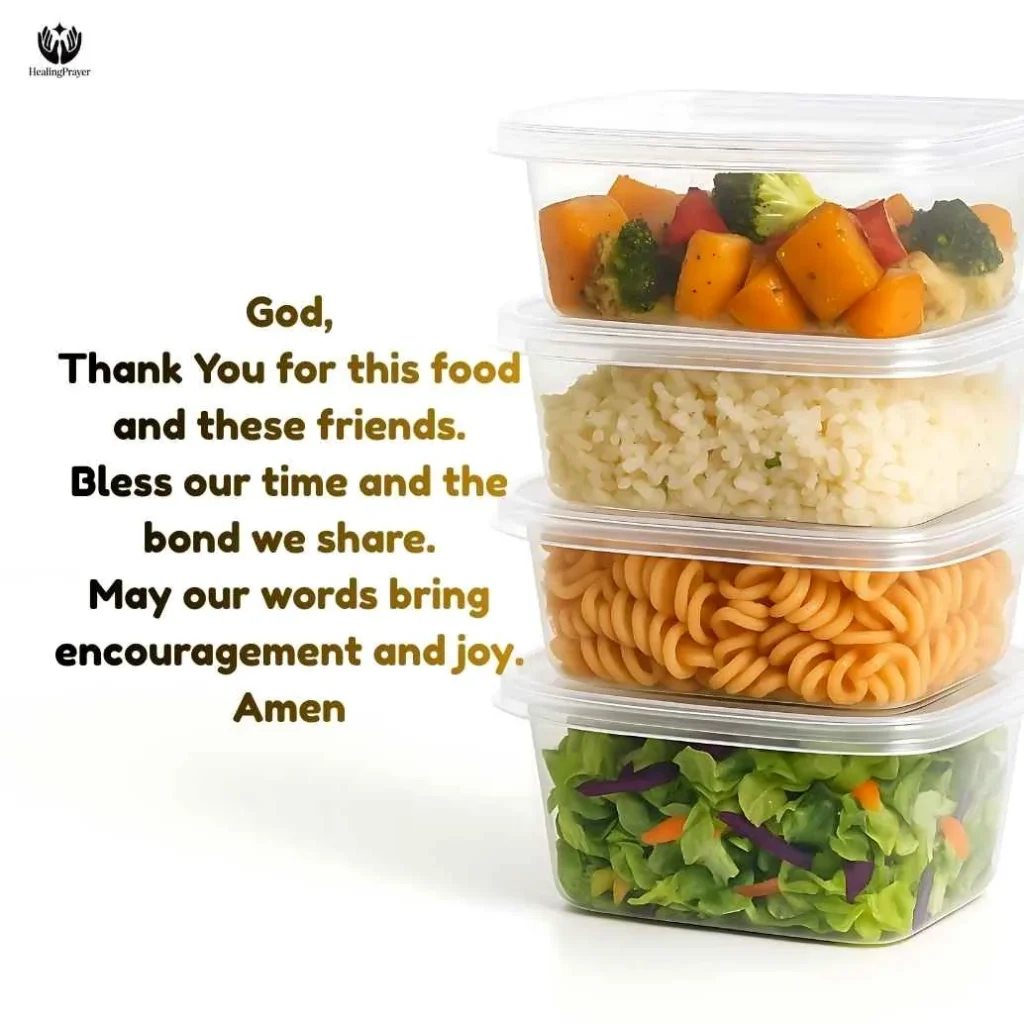 Colleagues or friends sharing a midday meal and quietly praying together, fostering connection and gratitude.