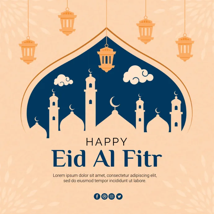 Modern Eid invitation design with muted green and pastel yellow colors, featuring traditional motifs like lanterns and minarets in a minimalist style.