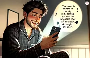 Man reads a romantic good night message on his phone, feeling cherished.