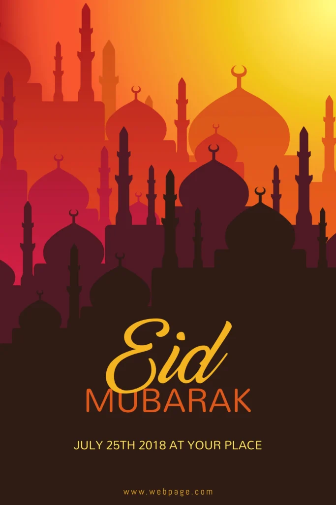 Elegant Eid invitation design featuring layered mosque silhouettes in sunset colors, creating a charming evening event atmosphere.