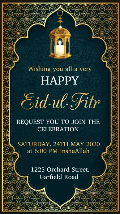 Traditional Eid invitation design with high-contrast colors, golden tones, embellishments, and cursive fonts, evoking a classic festive feel.