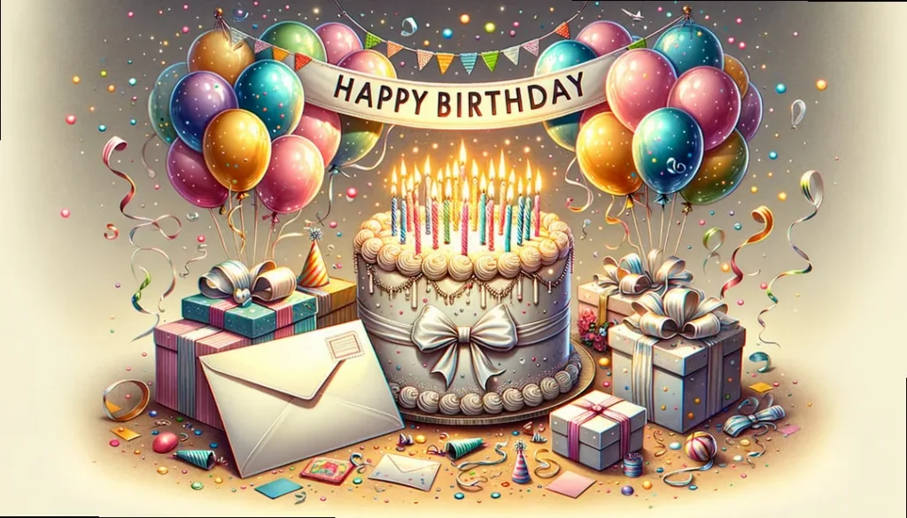 Festive birthday card for husband with balloons and confetti, conveying joy and celebration.