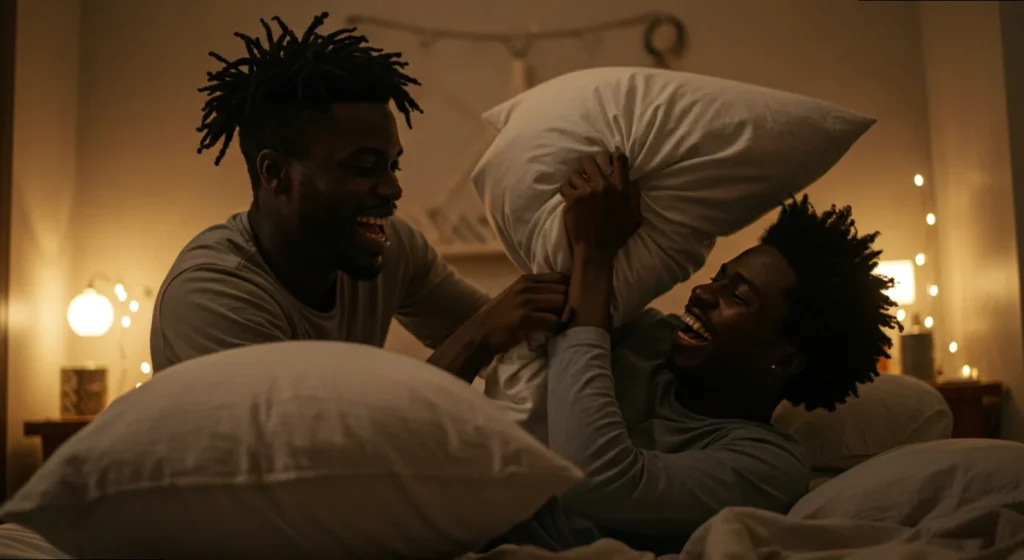 Two friends pillow fighting after sending out a funny good night message for a friend.