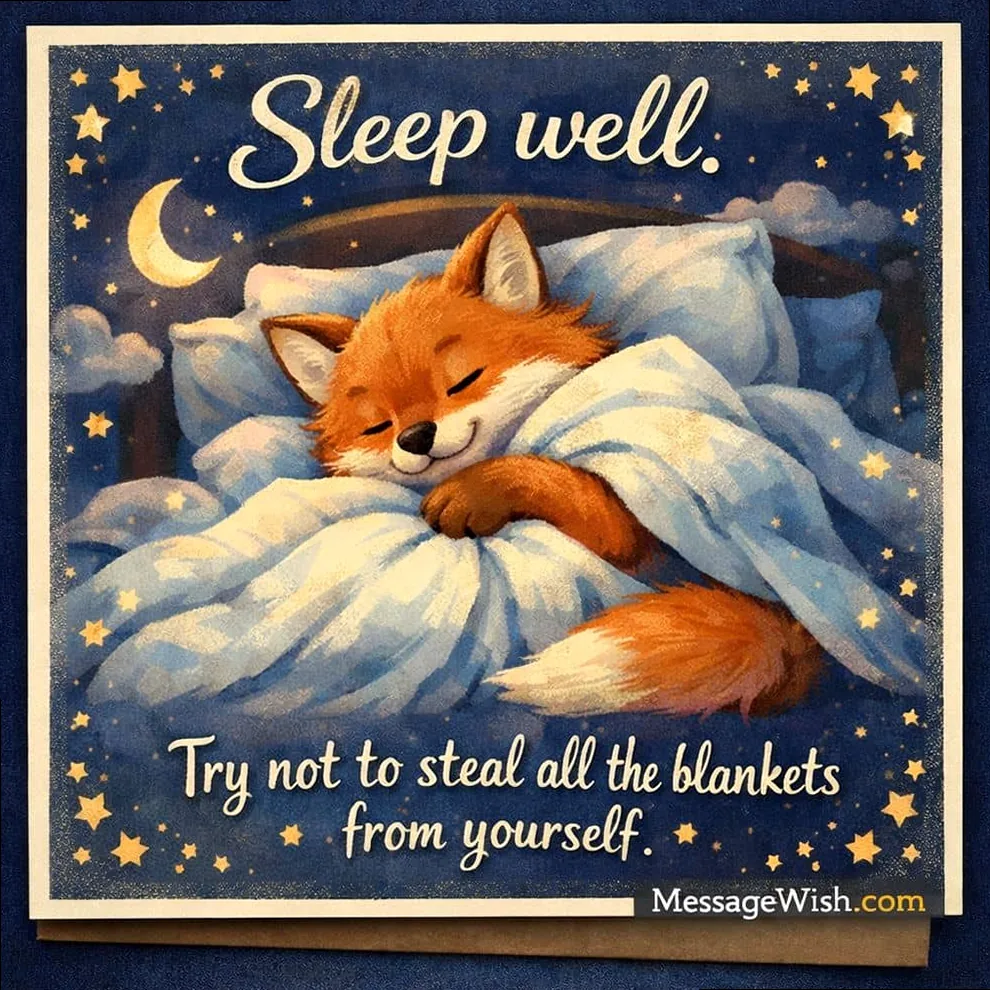 Funny good night card for him about stealing a blanket, illustrating common LDR humor.