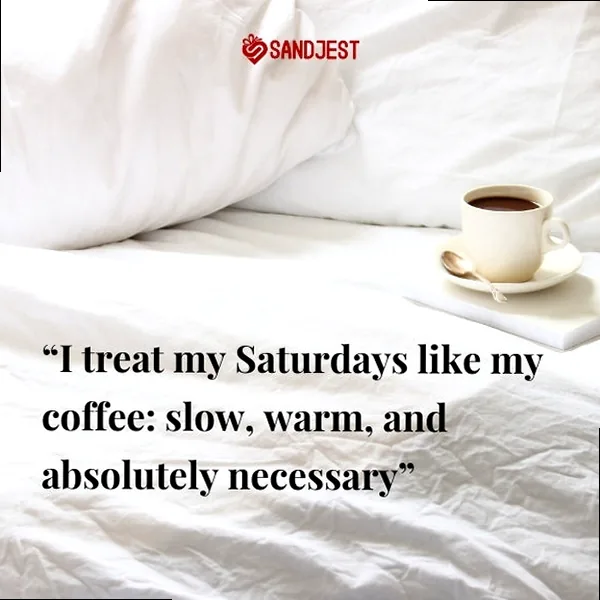 A humorous image depicting a person in bed, resisting waking up on a Saturday morning, embodying lighthearted lazy vibes.