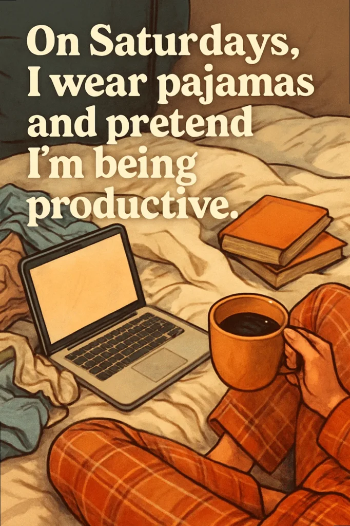 Humorous image of a person lounging in pajamas in bed with a laptop, snacks, and a journal, symbolizing relatable weekend laziness and fake productivity