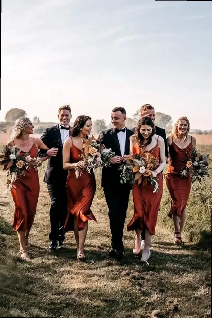A bridal party laughing and walking together, symbolizing friendship and celebration.
