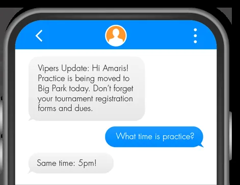 Screenshot of game updates sent via SMS to a phone, showing scores and player information.