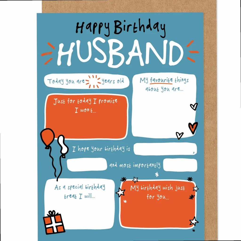 Fill-in-the-blank birthday card for husband, showing space for personalization.