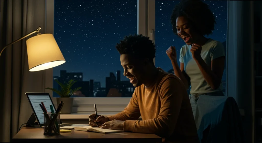 A man writing a motivational good night message for a friend