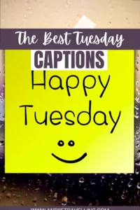 A Pinterest-style graphic titled 'Pin It for Later' featuring a collage of aesthetically pleasing images and text. It lists various Tuesday caption categories: short Tuesday captions, funny Tuesday captions, Tuesday captions for Instagram, motivational Tuesday captions, Taco Tuesday captions, work Tuesday captions, and general Tuesday captions. The design is clean and inviting, encouraging users to save the content for future reference and social media posting.