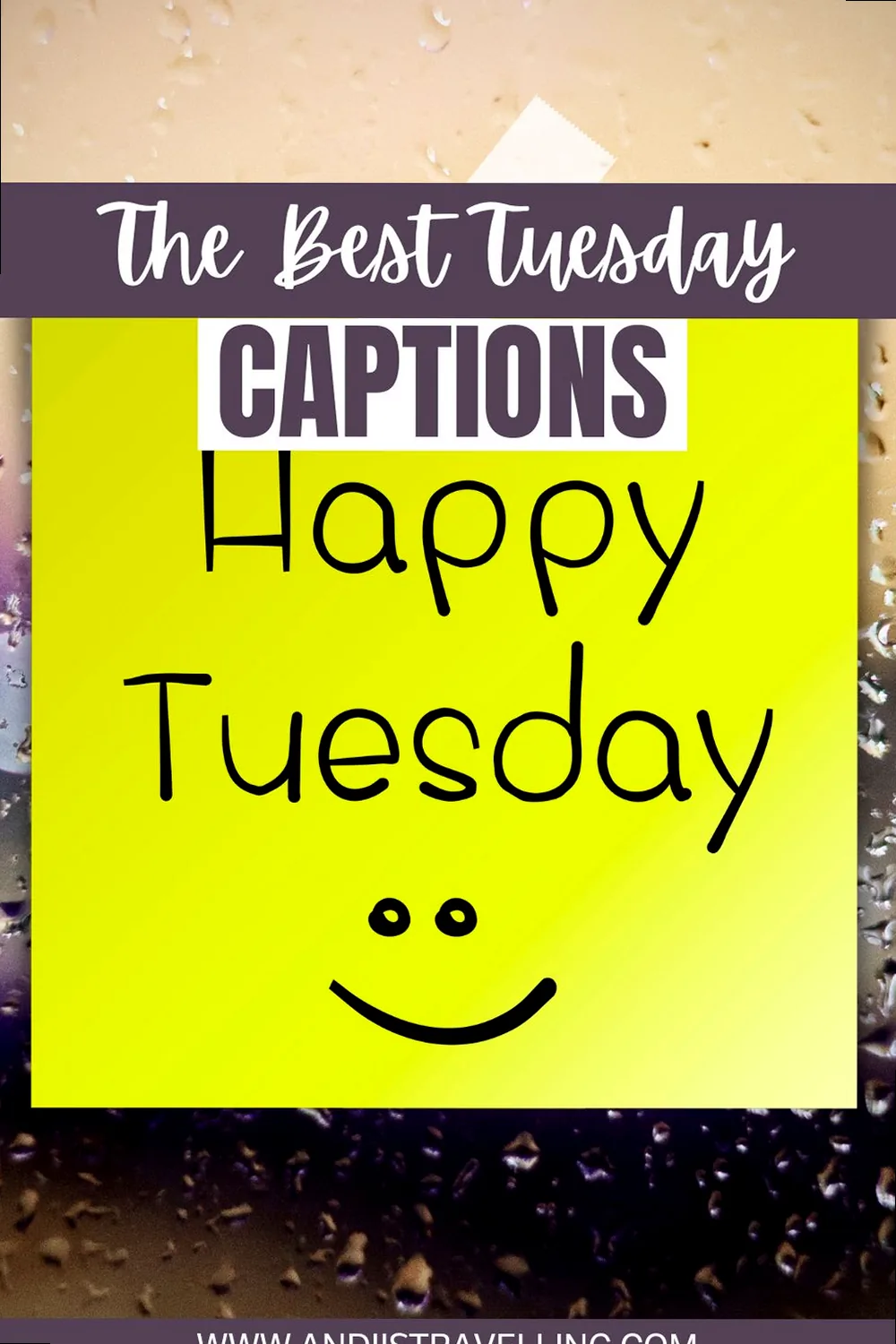 A Pinterest-style graphic titled 'Pin It for Later' featuring a collage of aesthetically pleasing images and text. It lists various Tuesday caption categories: short Tuesday captions, funny Tuesday captions, Tuesday captions for Instagram, motivational Tuesday captions, Taco Tuesday captions, work Tuesday captions, and general Tuesday captions. The design is clean and inviting, encouraging users to save the content for future reference and social media posting.