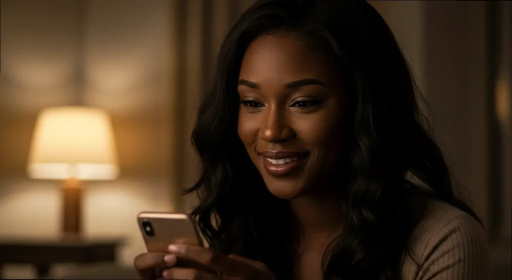 A young woman smiling subtly, looking at her phone, hinting at a flirty good night message received