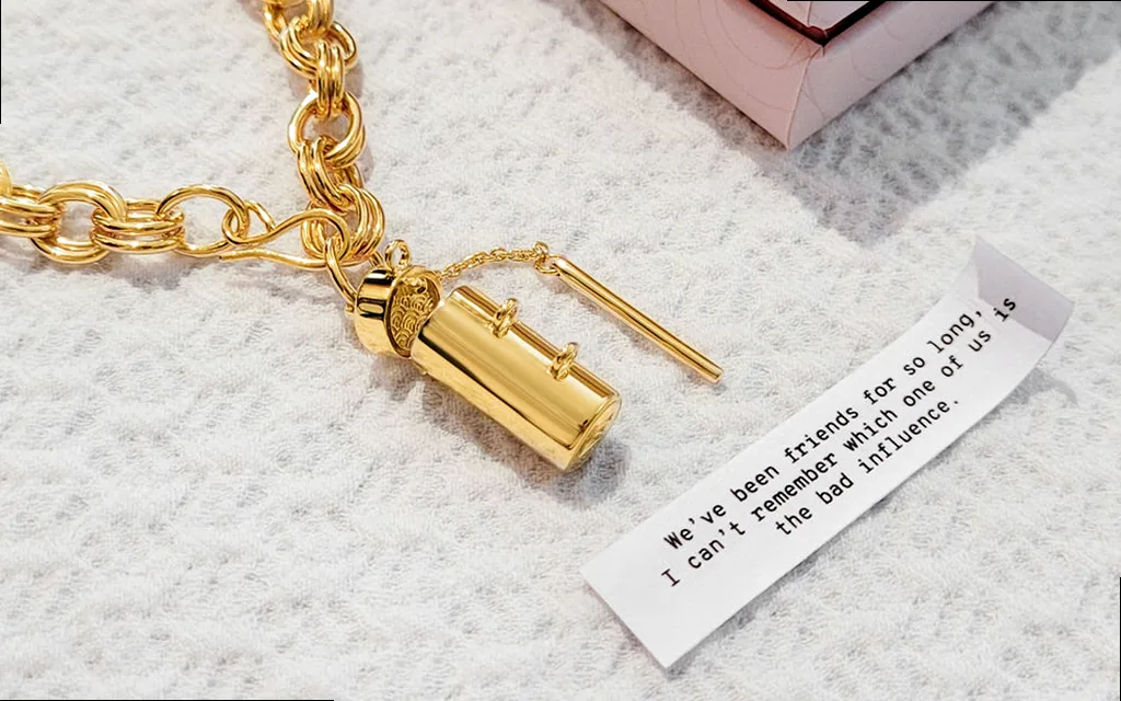 A decorative capsule and wand bracelet, symbolizing messages sent across distance, with a fortune tucked inside, connecting humor with long-distance bonds.