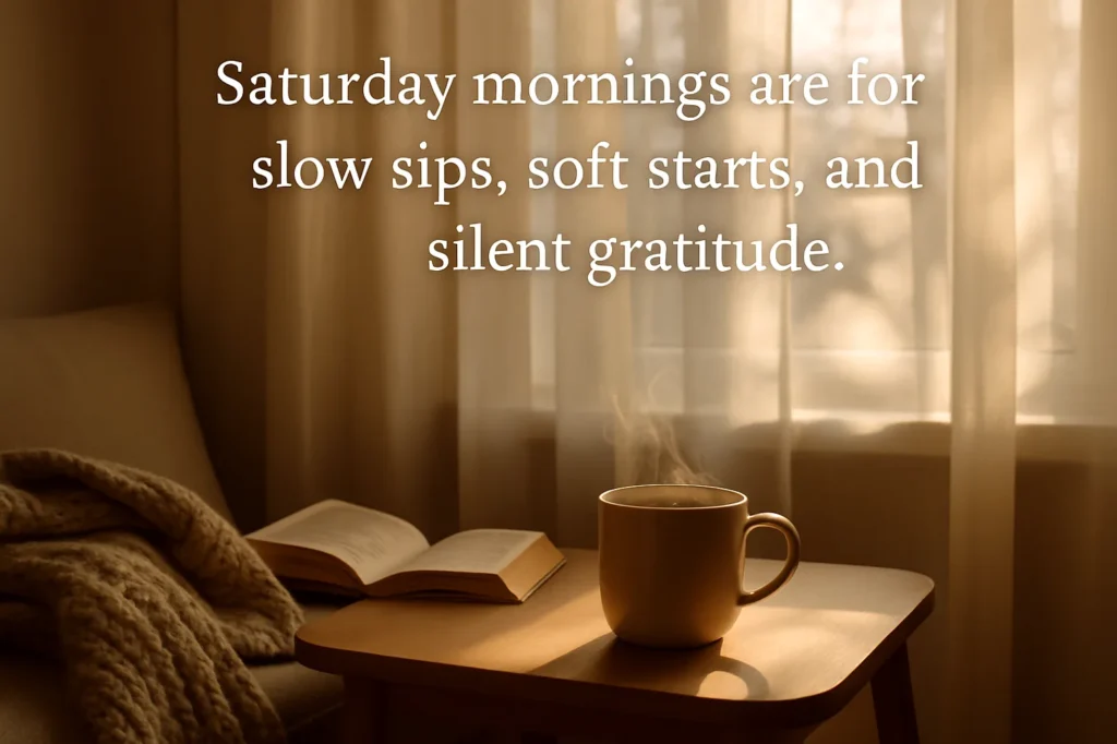 Cozy Saturday morning scene with steaming coffee, soft sunlight, and a book, symbolizing peace and slow living
