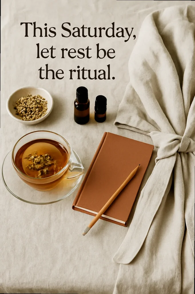 Still life image with herbal tea, essential oils, and a journal, representing a calming self-care ritual