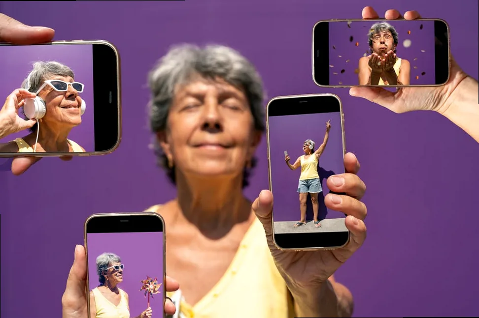 A vibrant collage featuring a beautiful, happy senior woman surrounded by smartphone screens displaying diverse positive images, reflecting joy, self-love, and a life well-lived.