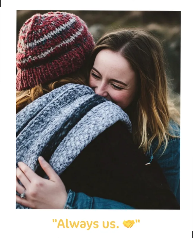 Two best friends laughing together in a dynamic pose, symbolizing their unbreakable bond.