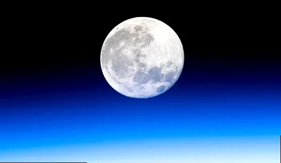 International Space Station with the Moon and Earth's atmosphere, representing global perspective.