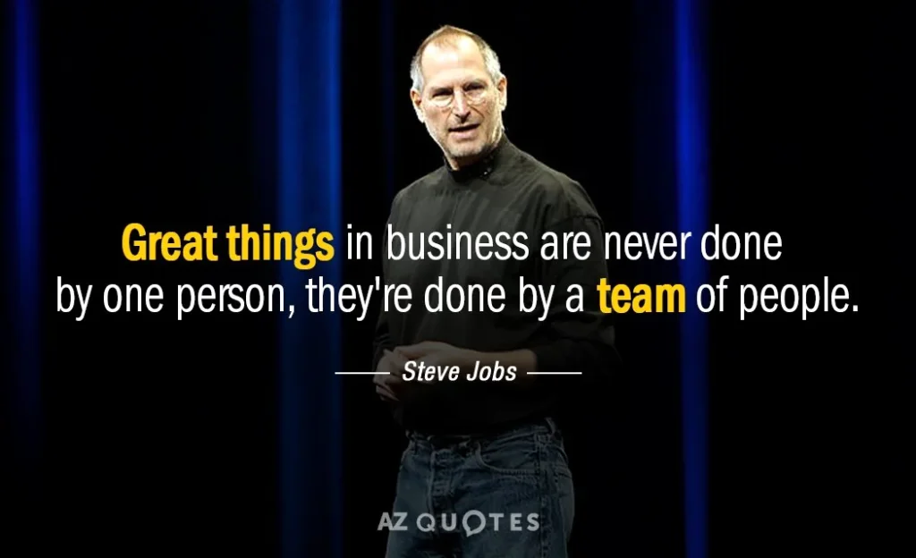 A quote by Steve Jobs emphasizing that great achievements come from a team, not individuals, perfect for team motivation in gaming.