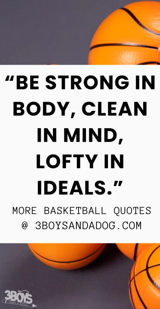 Inspirational basketball quote from James Naismith reading 'Be strong in body, clean in mind, lofty in ideals,' surrounded by vibrant orange basketballs on a dark background, motivating players for holistic development.