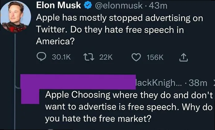 Screenshot of a sharp Twitter comeback between Elon Musk and a user about Apple and free speech debates.