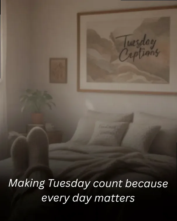 A minimalistic desk setup with a laptop, coffee, and green plant, representing quiet productivity and the relatable struggle of making Tuesday count.