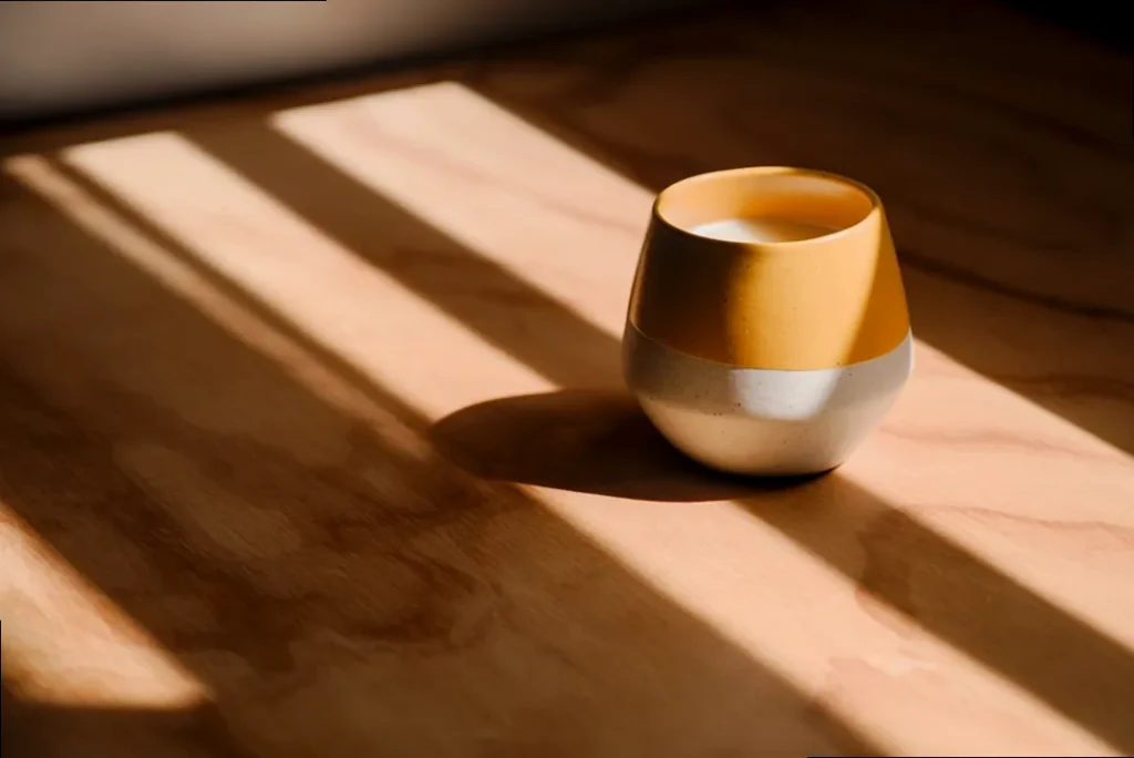 A close-up of a steaming mug of coffee on a wooden table, with the early morning sun filtering through a window in the background.