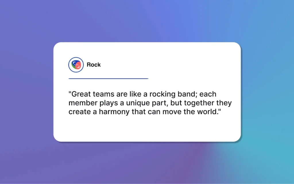 A vibrant graphic comparing a great team to a rocking band, where individual talents blend into a world-moving harmony, ideal for esports team unity.