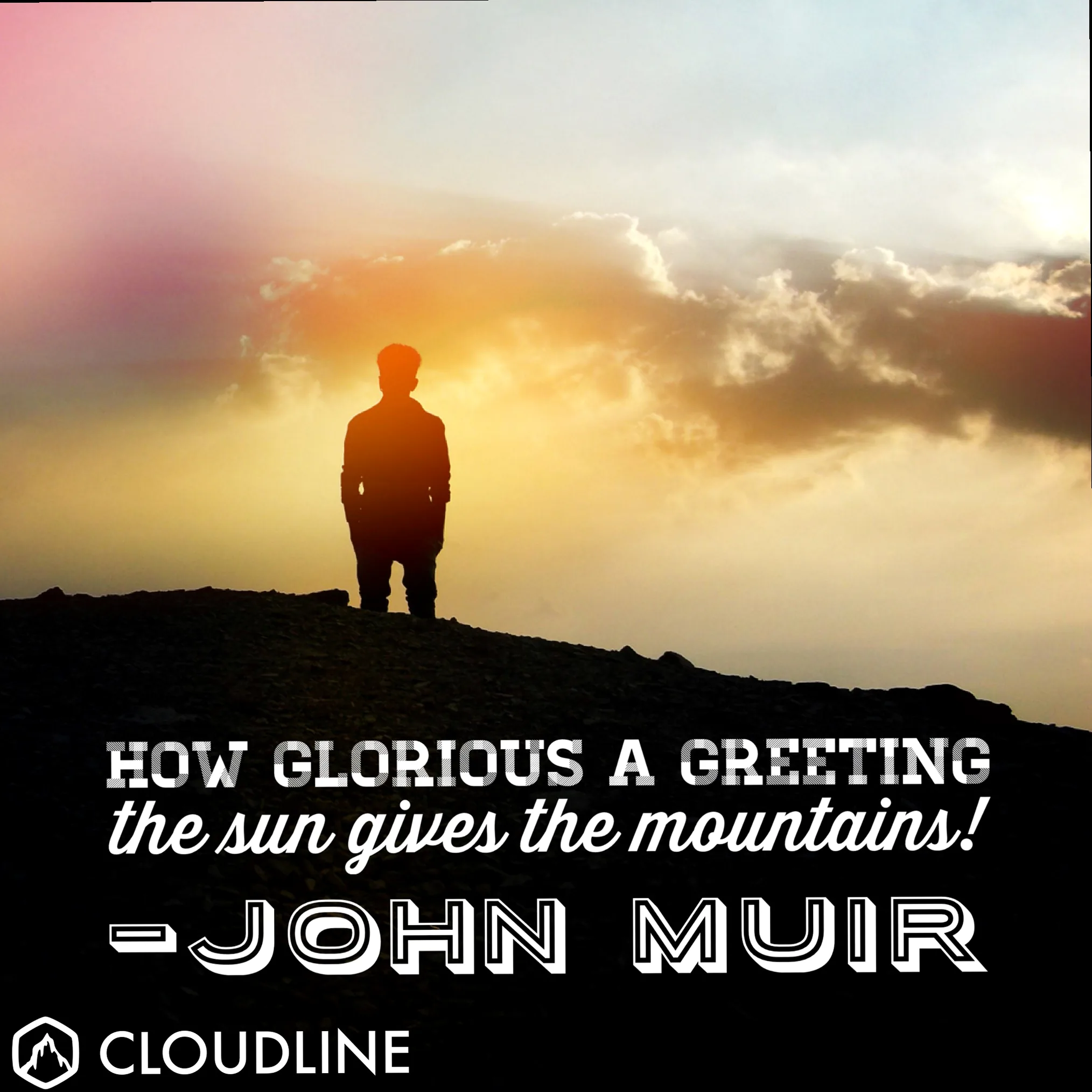Majestic mountain peaks bathed in golden sunrise light, evoking John Muir's awe for nature's grandeur.