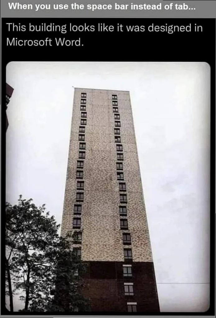 Meme: A tall, narrow building resembling a keyboard key being pressed. Text reads 'When you accidentally hit Shift+Enter in the middle of a command.' Humorously depicts a coding mishap.