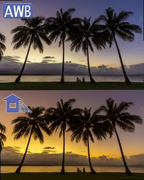 Professional camera on a tripod capturing a sunset landscape scene