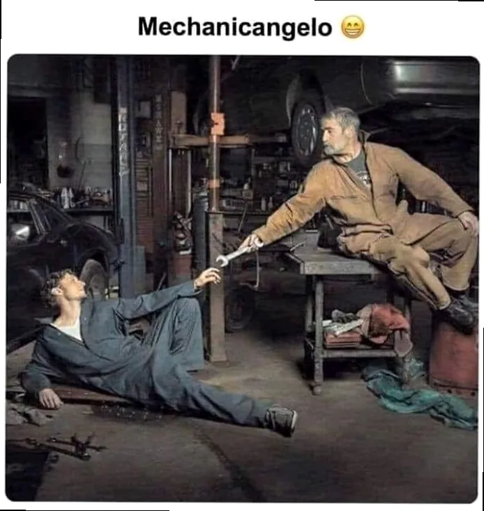 Meme: Two mechanics in a garage recreating the 'distracted boyfriend' meme, with the boyfriend looking at a wrench (labeled 'Engineering Memes') while his girlfriend (labeled 'My Responsibilities') looks annoyed.