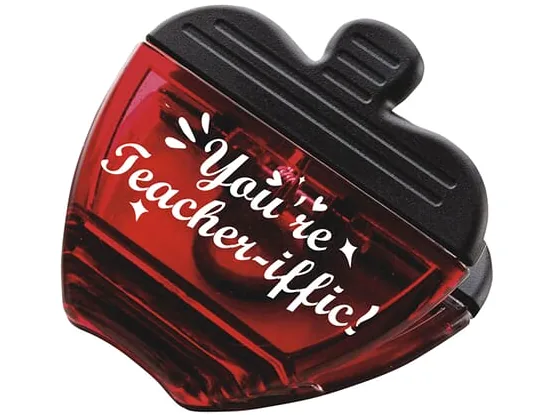 Apple-shaped magnetic clip with 'You're Teacher-iffic!' printed on it.
