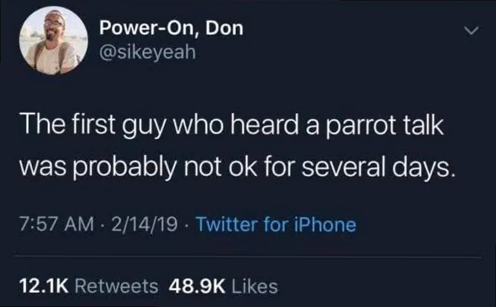 A humorous text post stating, 'The first guy who heard a parrot talk was probably not ok for several days,' perfect for a quick, thought-provoking laugh.