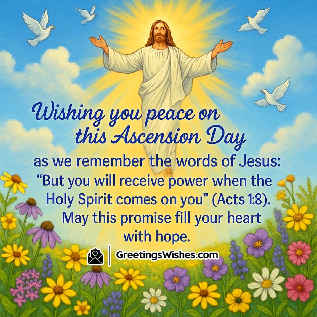 Jesus ascending into a vibrant, heavenly sky with doves, representing the Holy Spirit's promise and divine peace on Ascension Day.