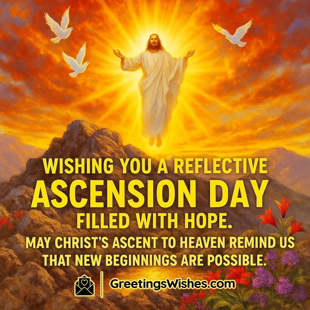 A vibrant mountaintop scene with a radiant sky, symbolizing hope, strength, and new spiritual beginnings on Ascension Day.