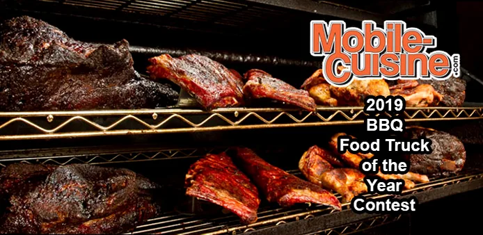 A bustling outdoor food truck BBQ party with people enjoying grilled food and a vibrant atmosphere.