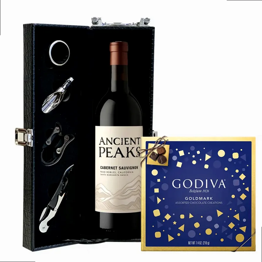 A sophisticated gift set including Ancient Peaks Cabernet Sauvignon wine and premium Godiva chocolates, perfect for an indulgent romantic evening.