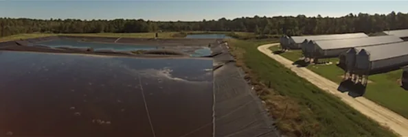 Industrial waste lagoon impacting air and water quality, showing environmental degradation.