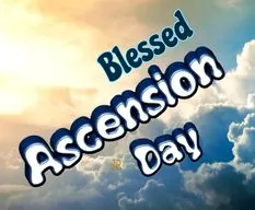 The words 'Blessed Ascension Day' elegantly displayed against a backdrop of soft, ethereal clouds, conveying spiritual peace and grace.