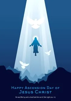 A lone figure standing on an iceberg with doves flying towards a radiant sky, accompanied by the text 'Happy Ascension Day of Jesus Christ,' symbolizing spiritual journey and divine guidance.