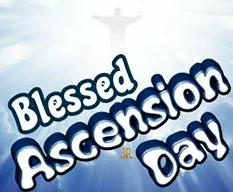 Text 'Blessed Ascension Day' set against a serene blue sky with soft, white clouds, evoking peace and spiritual elevation.