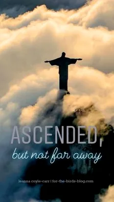 A majestic statue of Jesus Christ rising above a sea of clouds, symbolizing His glorious Ascension into heaven.