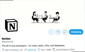 Notion's clean, professional X bio example