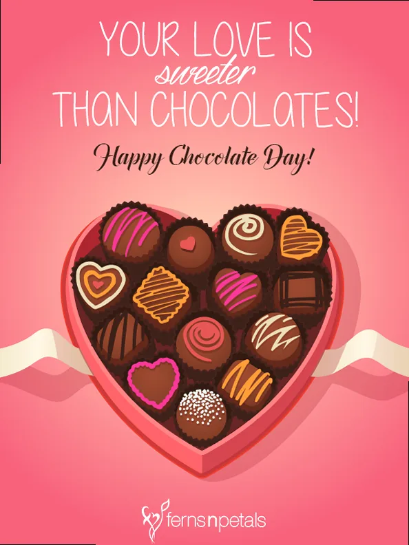 A beautifully arranged assortment of chocolates with 'Happy Chocolate Day' text, perfect for sharing love.