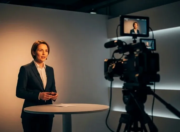 presenter delivering a message in front of a camera
