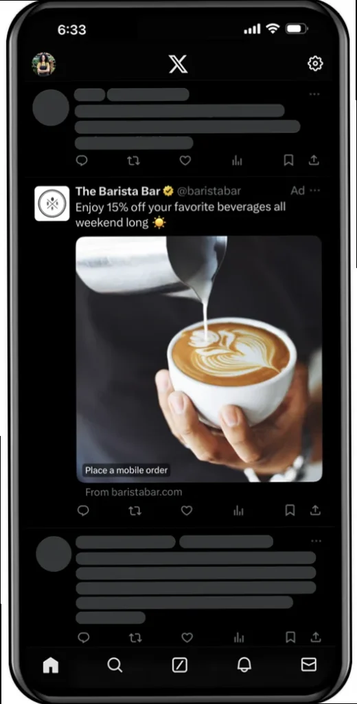 Visual example of an X (Twitter) promoted image ad in a mobile feed