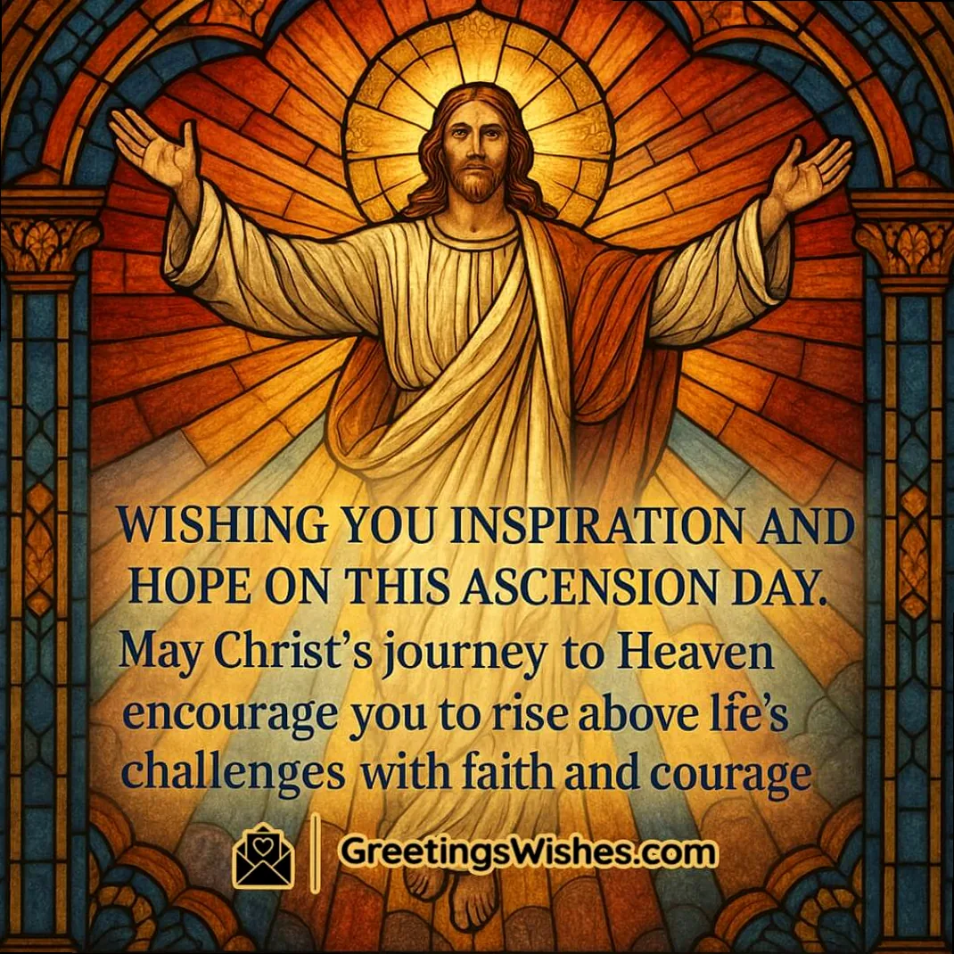 A stained glass-style image of Christ rising, symbolizing spiritual hope and the strength to overcome challenges on Ascension Day.